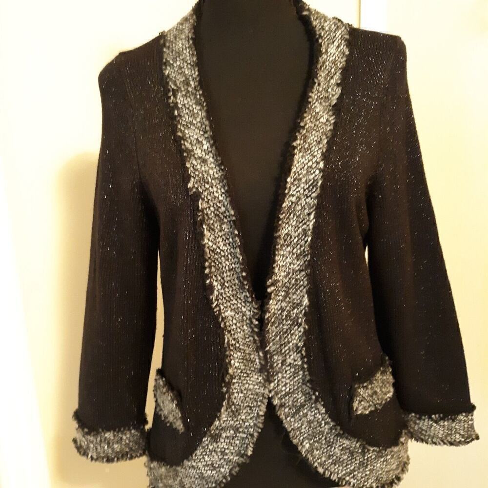 PETER NYGARD BLAZER JACKET Black/Gray Trim Women's Size S-M 3/4 Sleeve